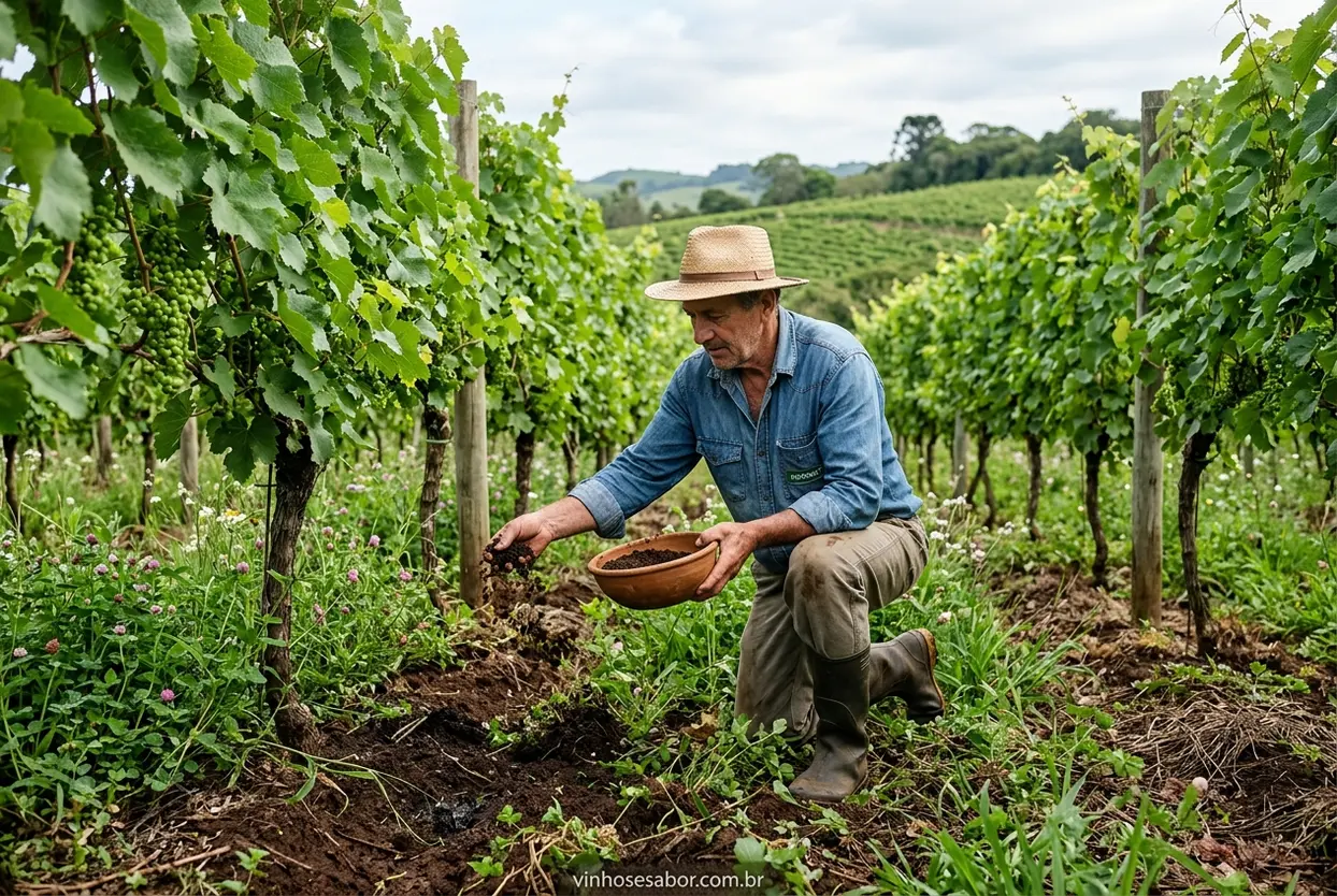 Preparações Biodinâmicas no Vinhedo Agricultor aplicando preparações biodinâmicas no solo do vinhedo