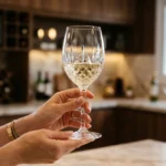 Taça de cristal limpa e brilhante em mãos delicadas.
