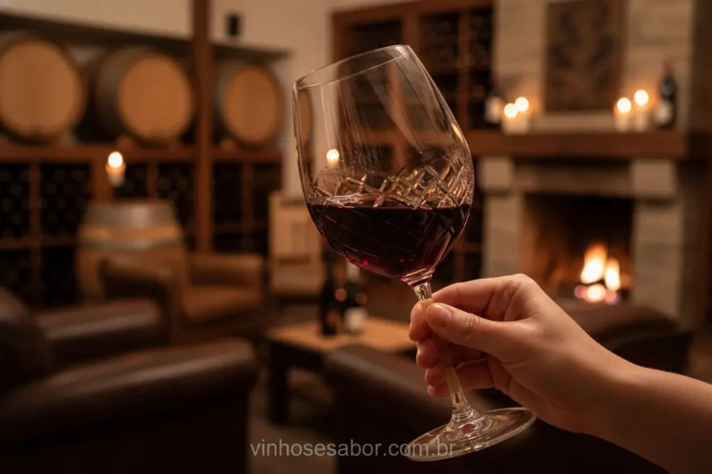 Mão segurando taça de vinho tinto, refletindo luz