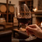 Mão segurando taça de vinho tinto, refletindo luz