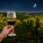 Taça de vinho tinto em vinhedo biodinâmico