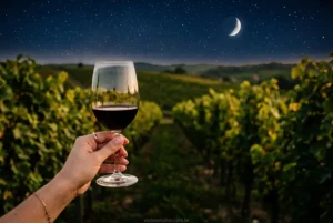 Taça de vinho tinto em vinhedo biodinâmico