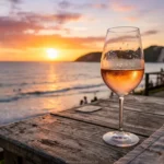 Taça de vinho rosé com pôr do sol ao fundo