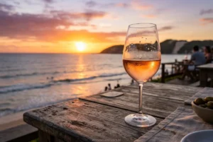 Taça de vinho rosé com pôr do sol ao fundo