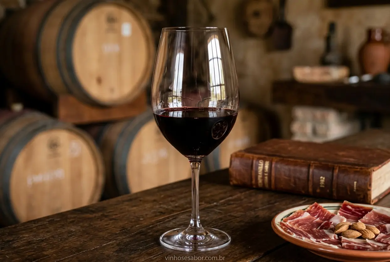 Vinhos Tempranillo Características Uva Tempranillo e os vinhos da Espanha em taça, com barris de carvalho.