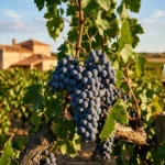 Cacho de uvas Tempranillo em vinhedo espanhol ao pôr do sol.