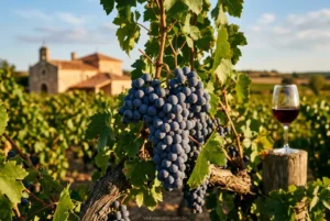 Cacho de uvas Tempranillo em vinhedo espanhol ao pôr do sol.
