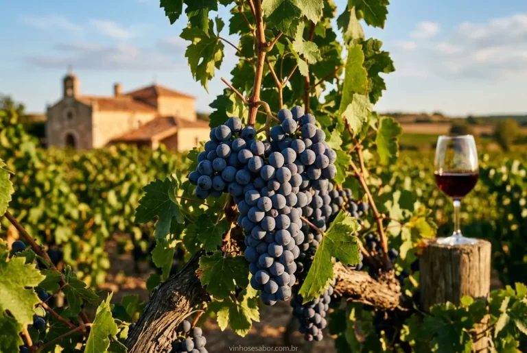 Cacho de uvas Tempranillo em vinhedo espanhol ao pôr do sol.