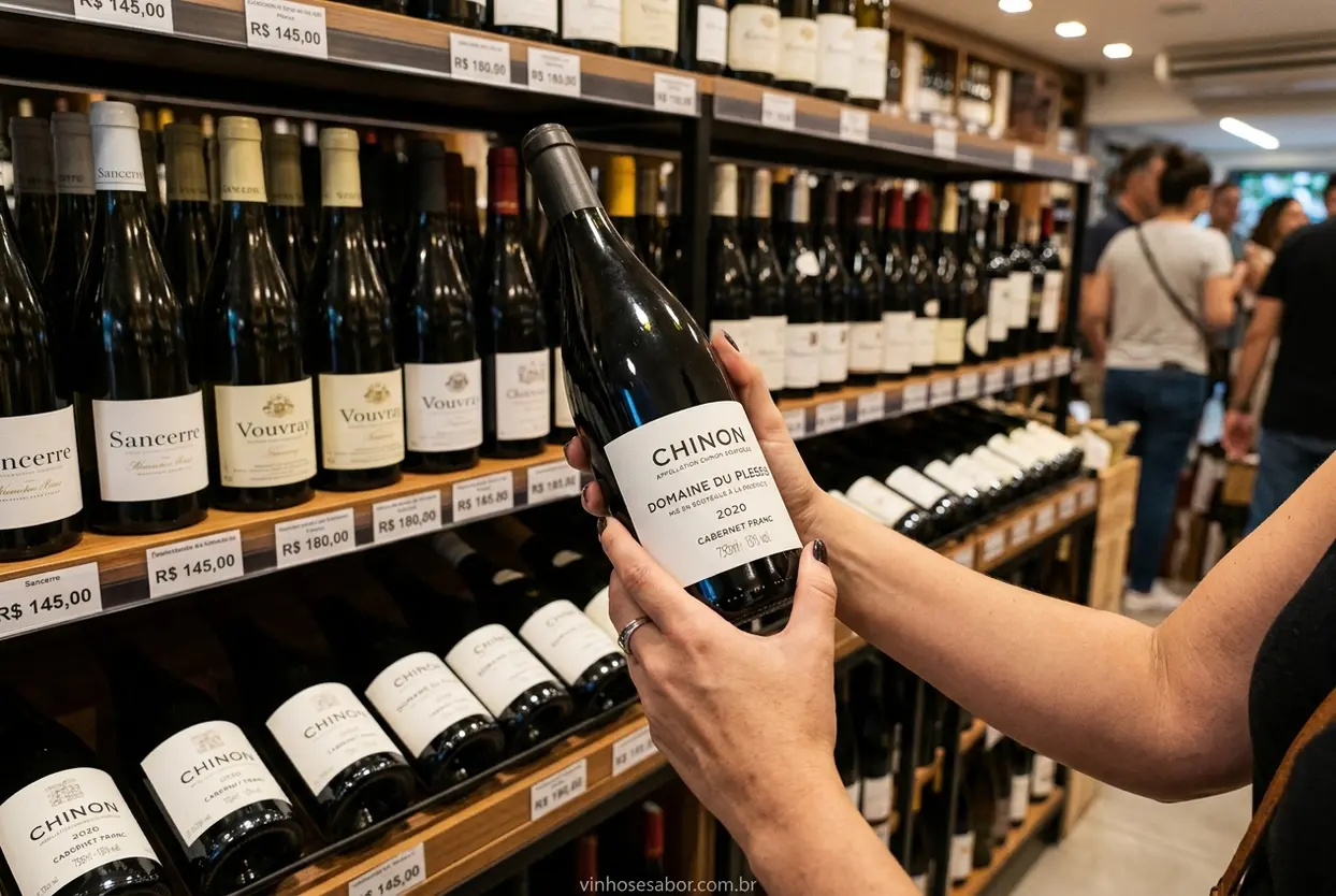 Pessoa escolhendo vinho do Loire e conferindo safra no rótulo