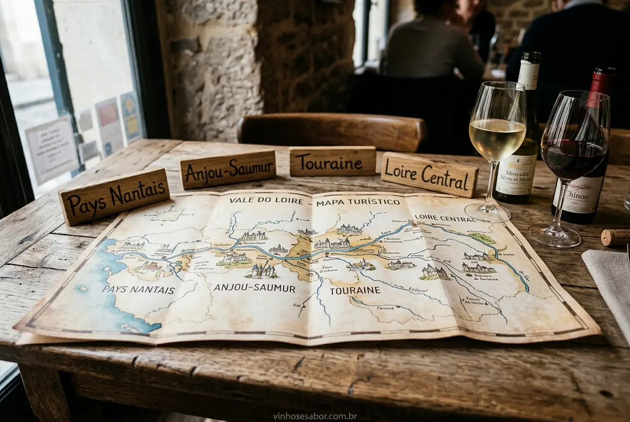 Mapa do Vale do Loire com sub-regiões e taças de vinho