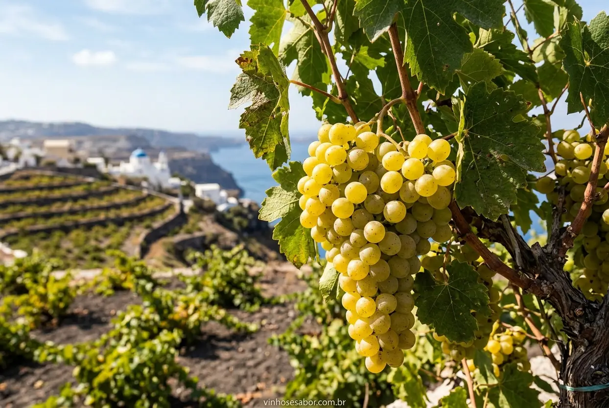Uvas Gregas Essenciais Cacho de uvas Assyrtiko em vinhedo grego