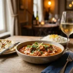 Prato de curry indiano com um copo de vinho branco.