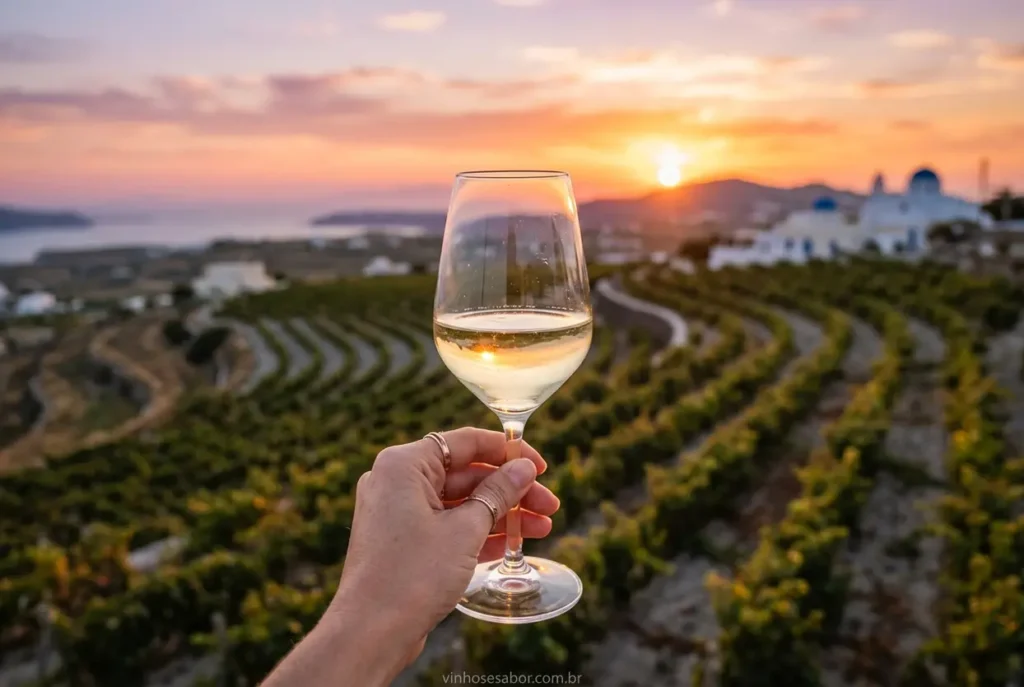Taça de vinho branco grego em um vinhedo