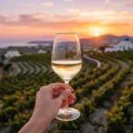 Taça de vinho branco grego em um vinhedo