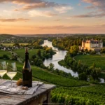 Vinhos da região do Loire na França em vinhedos ao pôr do sol