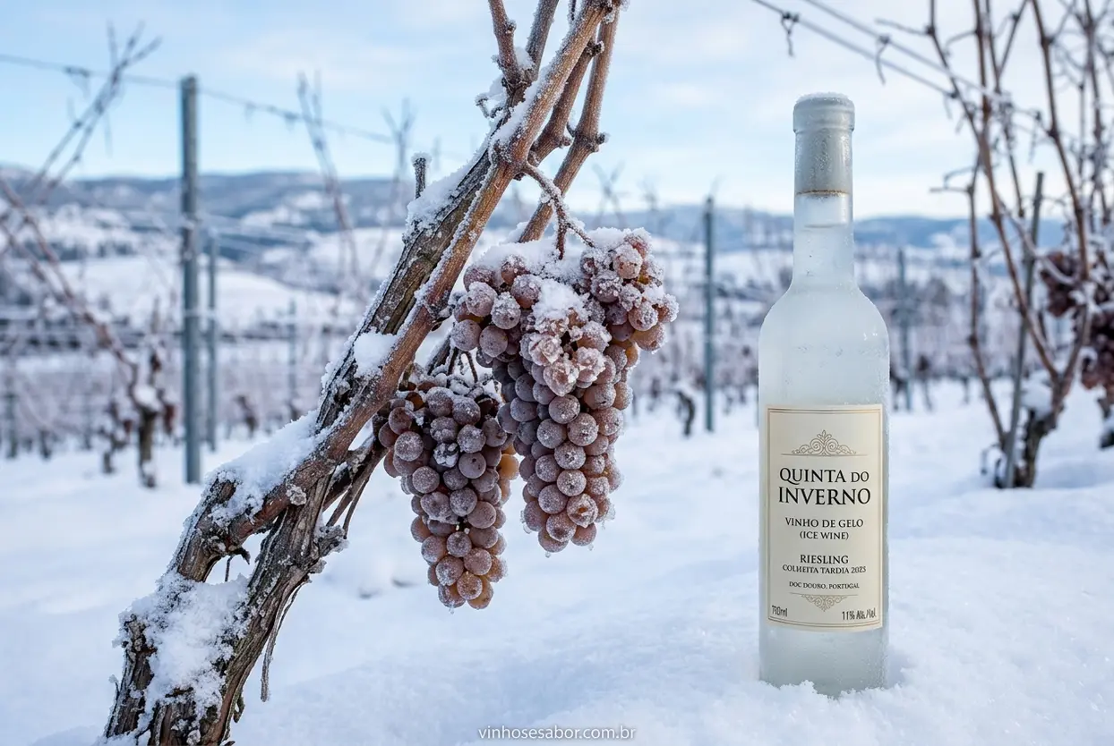 A Magia do Ice Wine Uvas congeladas e garrafa de Ice Wine